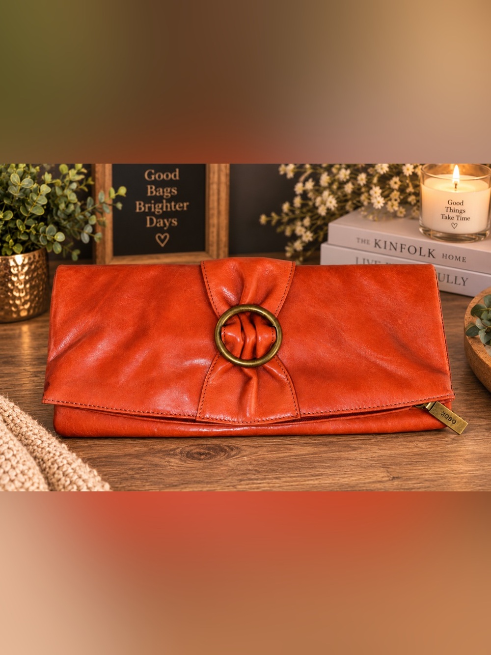 HOBO International Burnt Orange Leather Ring Clutch Foldover Zip Bag